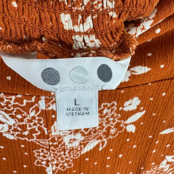 Three Dots Orange White Floral Smocked Straight Leg High Waist Rayon Pants Sz  L - Picture 7 of 9